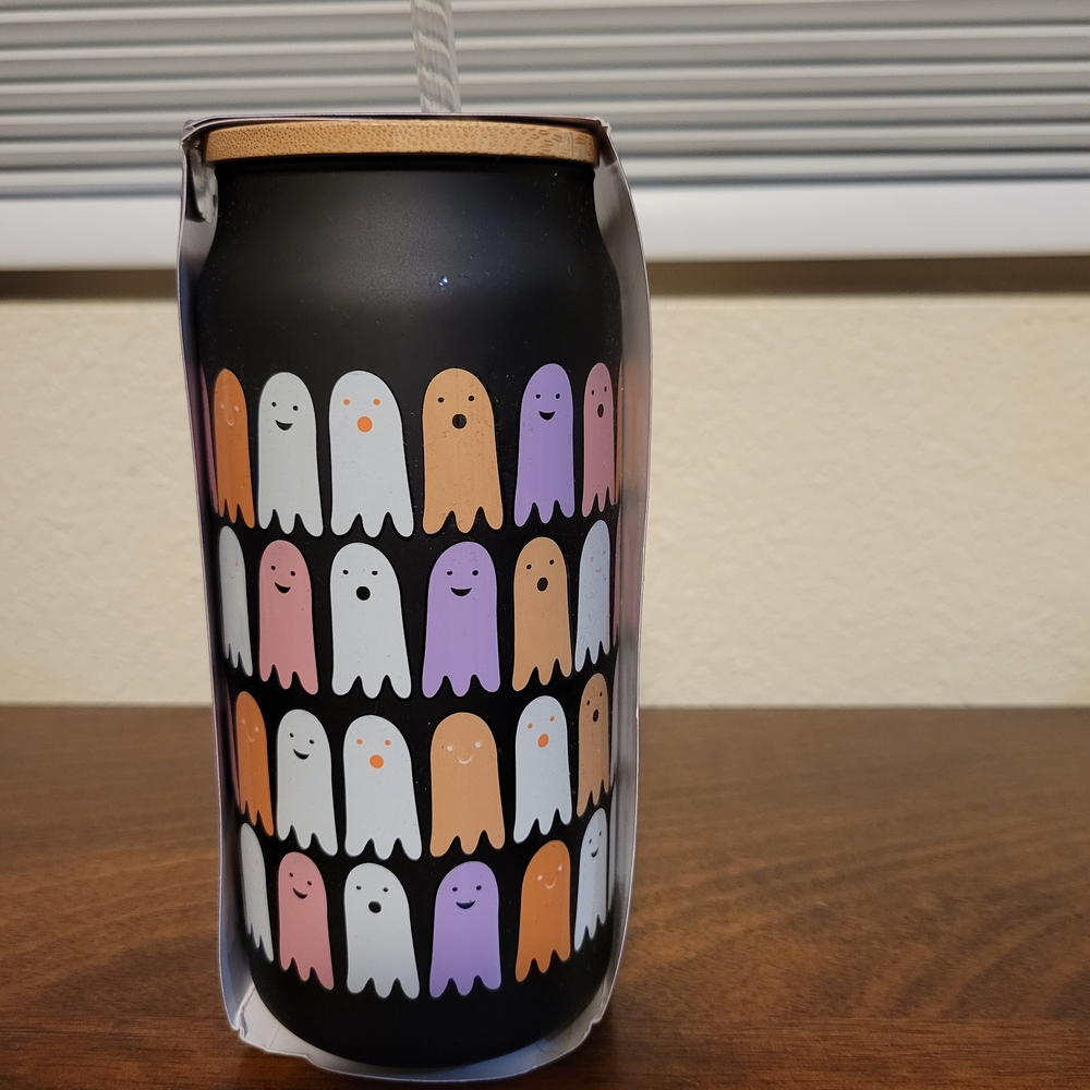 Zinny Ghost Pattern Glass Sipper Tumbler with Straw, Bamboo Lid